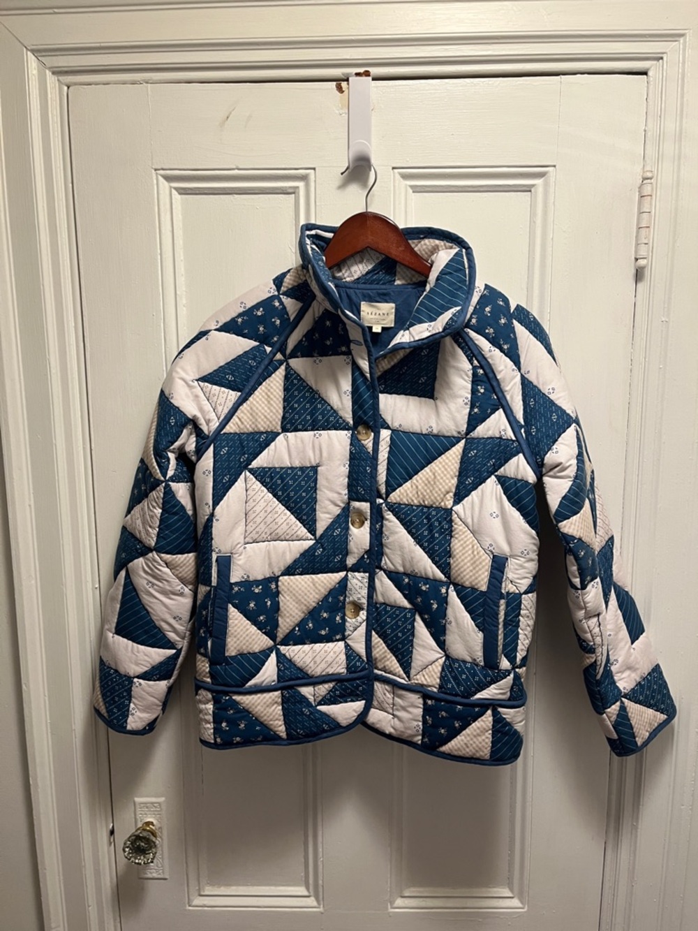 Sezane Leopold Blue & White Quilted Patchwork Jacket - Picture 2 of 5